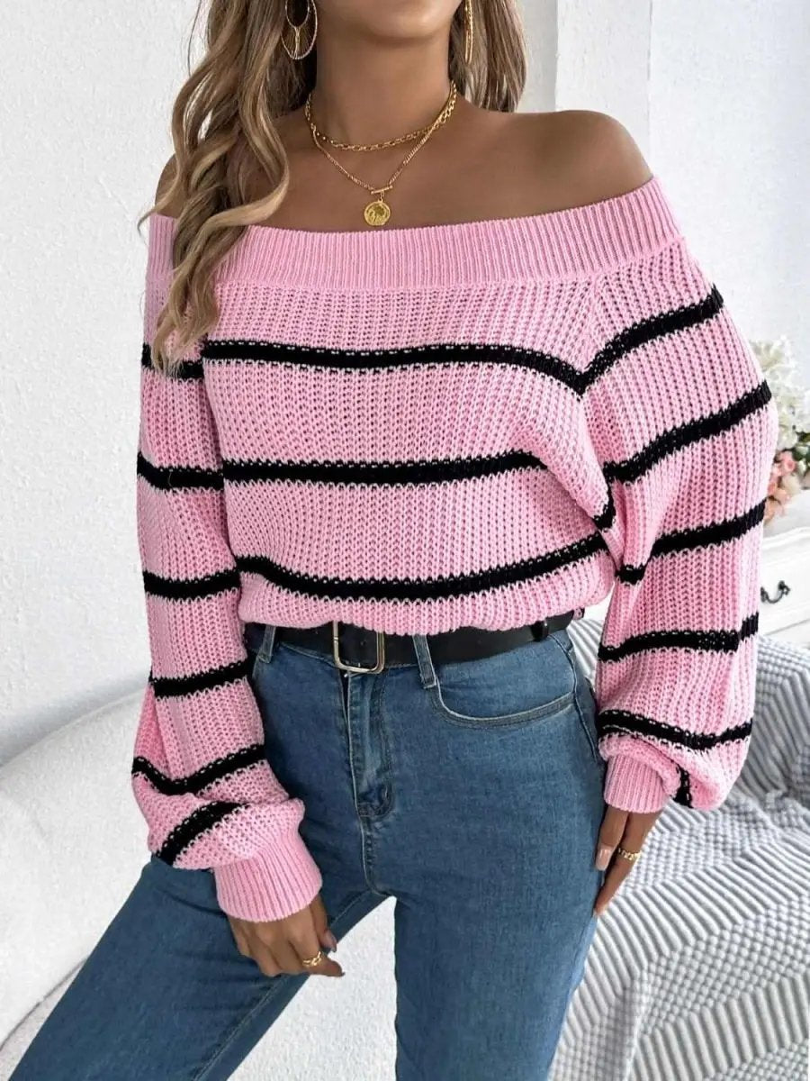 Striped Off-Shoulder Long Sleeve Sweater - Love Salve